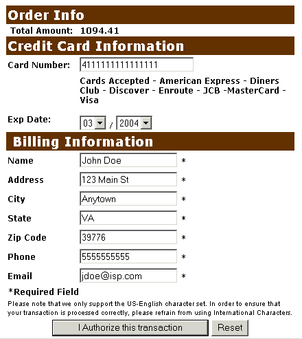 Credit card information example