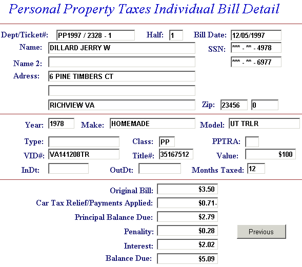 Bill detail example screen